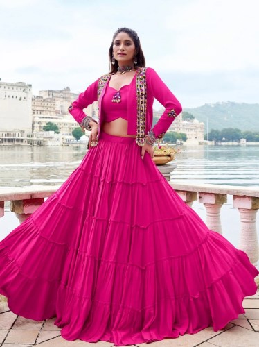 Pink Rayon Mirror Gamthi Lehenga Choli